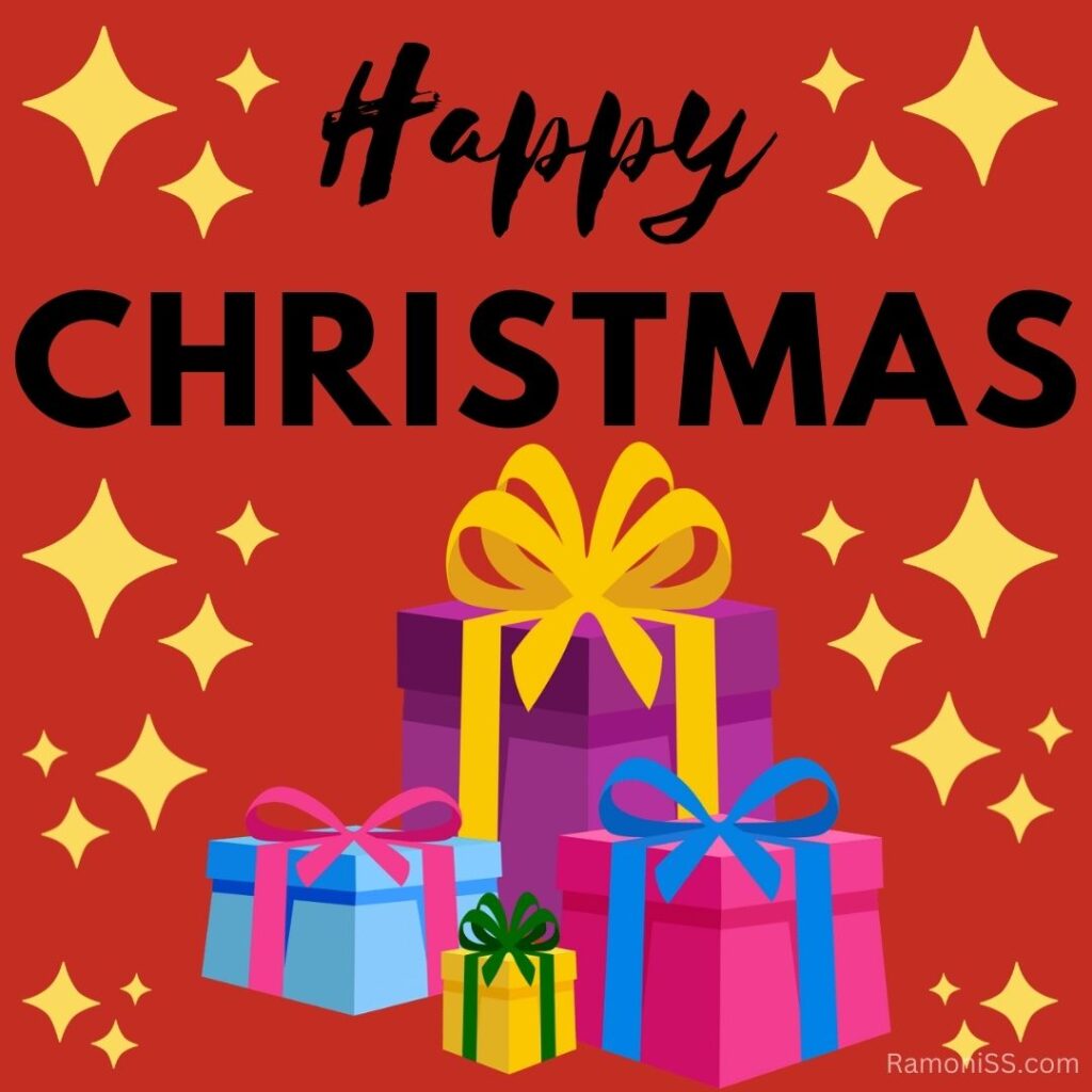 Happy christmas card has been created using black font, yellow star and gift on red background.