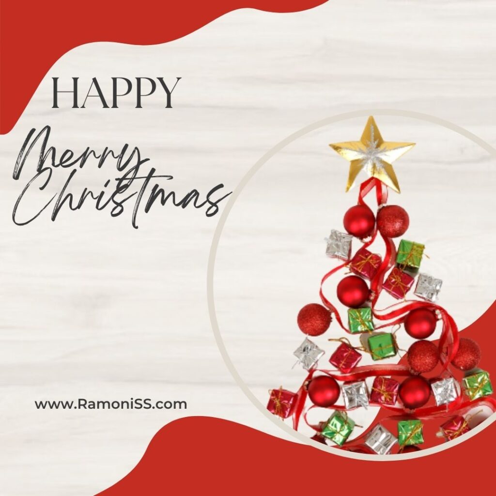 The christmas card uses a white and red background, and has written happy merry christmas in a stylish black font, a christmas tree has been made on the card with the help of christmas balls, gifts, stars and ribbons