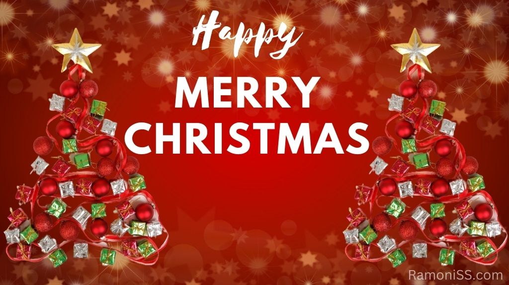 Two christmas trees made with ribbons, small gifts and christmas balls on a background of red color and twinkling stars, with a star on top of each tree, using white font in the center of both trees happy merry christmas is written.