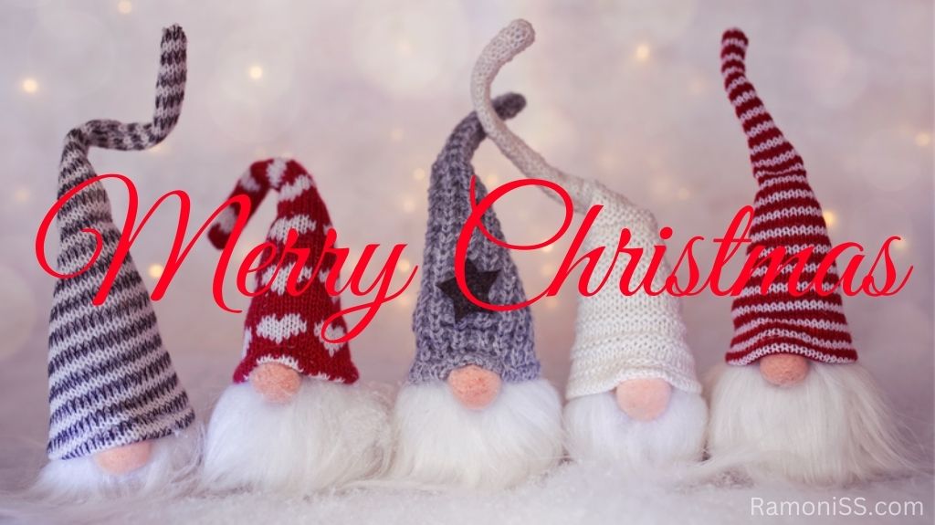 In the photo, five christmas hats are placed in front of a white background. "merry christmas" is written in a stylish red colored font.