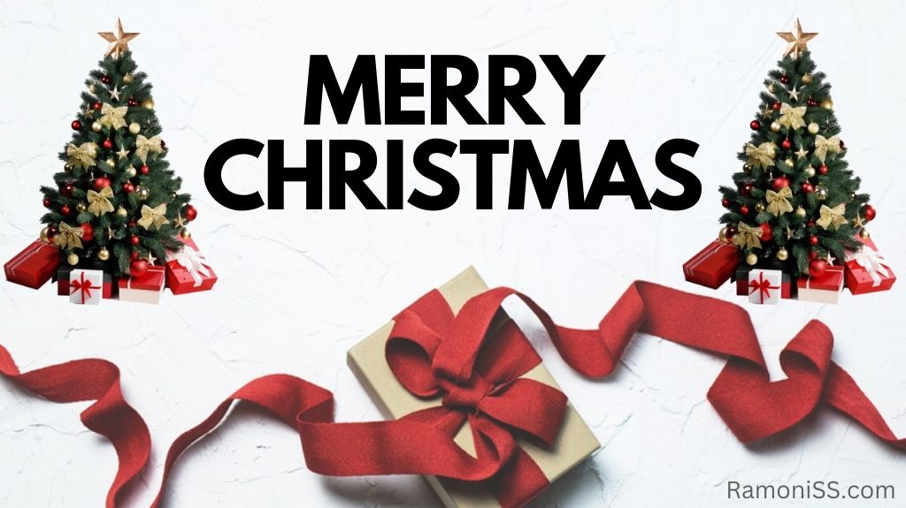 Merry christmas is written using black font on a white background and on both sides of the image are christmas trees decorated with christmas balls, stars, gifts and ribbons. And there's a big gift that's tied with a red ribbon.