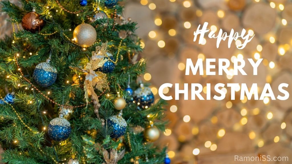 Christmas tree is decorated with christmas balls and happy merry christmas is written using white font and decorative bulb fringe is used in the background