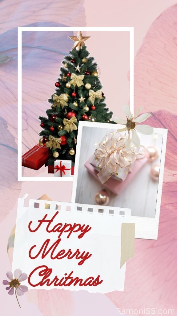 There are photos of christmas trees and gift on a very beautiful background, and happy merry christmas is written on a paper with red colored stylish fonts. There is also a flower on the left side of the paper.