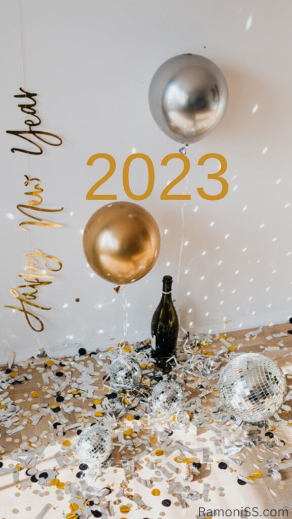 Happy new year 2023 card image template in yellow for, room decorated with the help of yellow and silver color balloons and one vodka bottle, silver balls cutted paper.