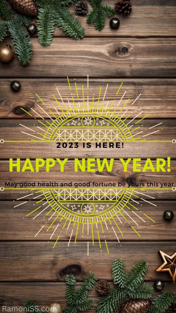Happy new year 2023 card image template in yellow and black font, on the wood background and leaf of christmas tree and balls.