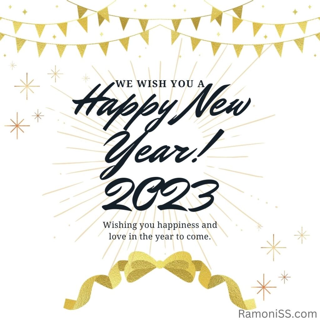 Happy new year 2023 card in black font on the decorated background.