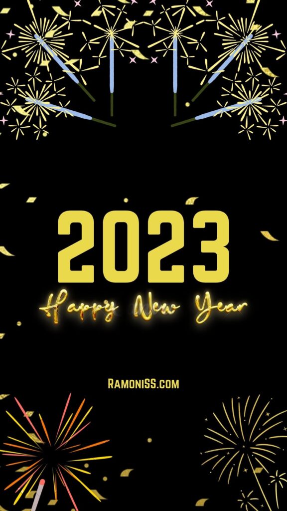 Happy new year 2023 card in yellow font, on black and fluff fireworks background.