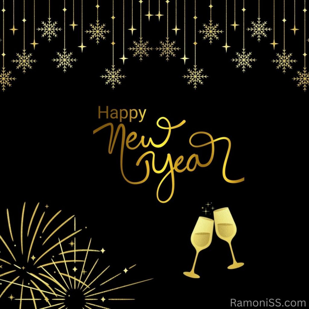 Happy new year 2023 card in yellow font on the black and yellow decorative background.