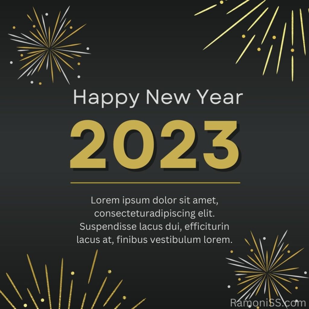 Happy new year 2023 card in white and yellow font on light black and fireworks background.