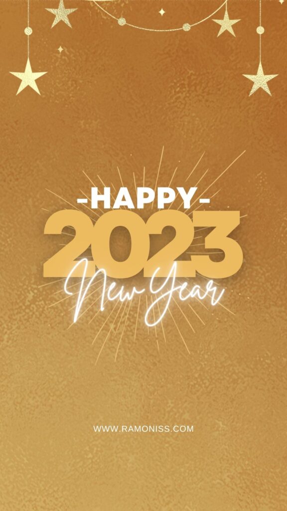 Happy new year 2023 diary and mobile image in white and yellow color font, and using star frills and on yellow background.