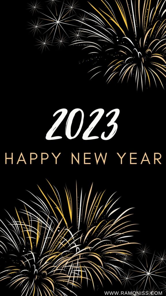 Happy new year 2023 diary and mobile image in white and yellow font color and image created using fireworks on black background.
