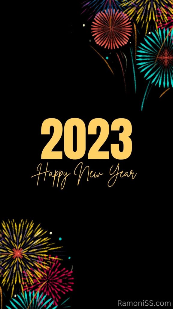 Happy new year 2023 diary and mobile image in yellow font on black and fireworks background.