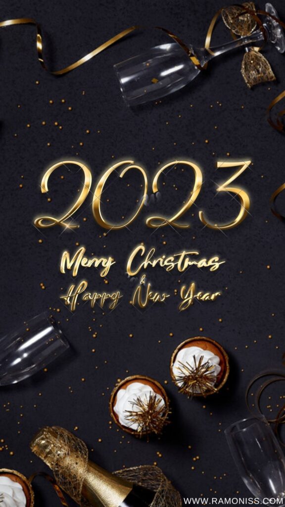 Happy new year 2023 diary and mobile image in yellow font using vodka, glass and on beautiful background.