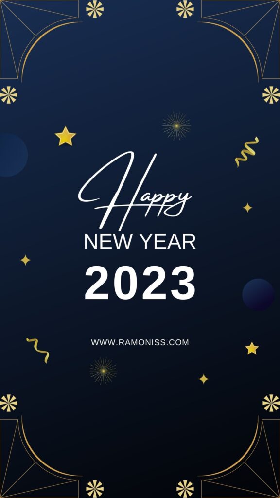 Happy new year 2023 diary and mobile wallpaper in white font, on the beautiful yellow stars and yellow corner design and blue background.