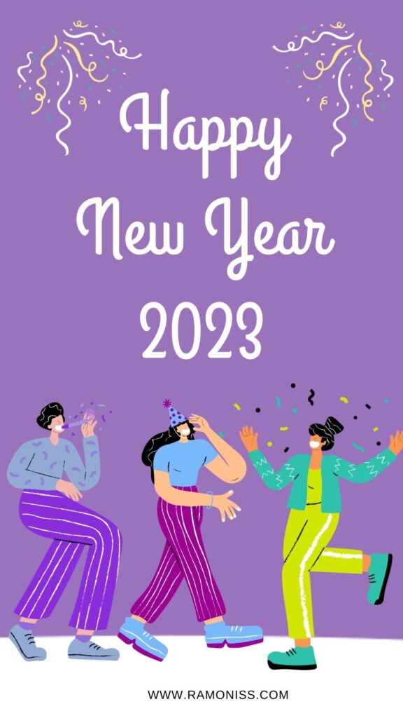 Happy new year 2023 diary and mobile wallpaper in white font, on the three cartoon and colored corner design and purple background.