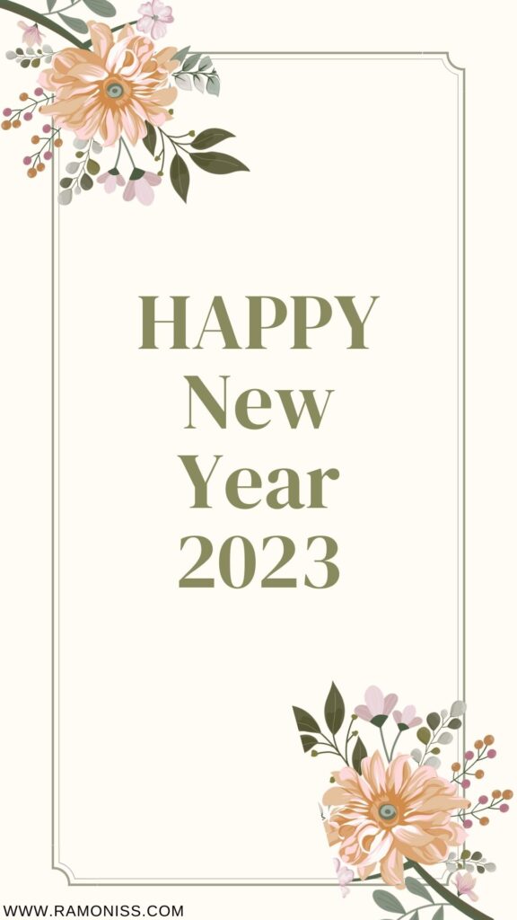 Happy new year 2023 diary image template in light green font, on white background and with beautiful flower image.