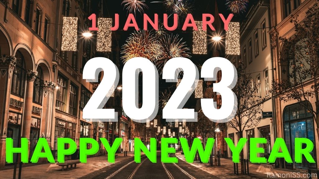 Happy new year 2023 on city road background with yellow bright colorful fireworks and lights in the sky using indian flag colors font.