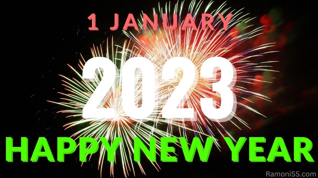 Happy new year 2023 on yellow and white bright colorful fireworks in the sky using indian flag color.