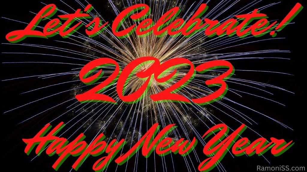 Happy new year 2023 on yellow and white bright colorful fireworks in the sky using red color font