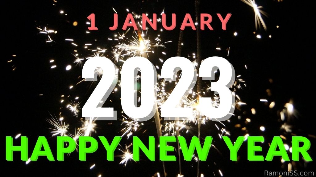 Happy new year 2023 on black background with white bright colorful fireworks in the sky using indian flag colors font.