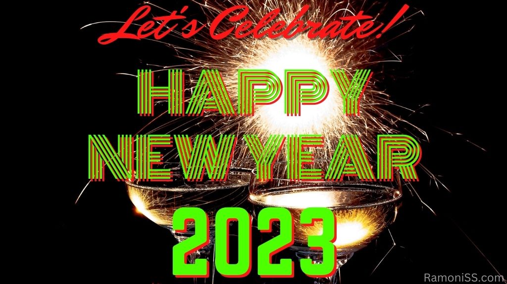 Happy new year 2023 on black background with yellow bright colorful fireworks in the sky using green and red color font.