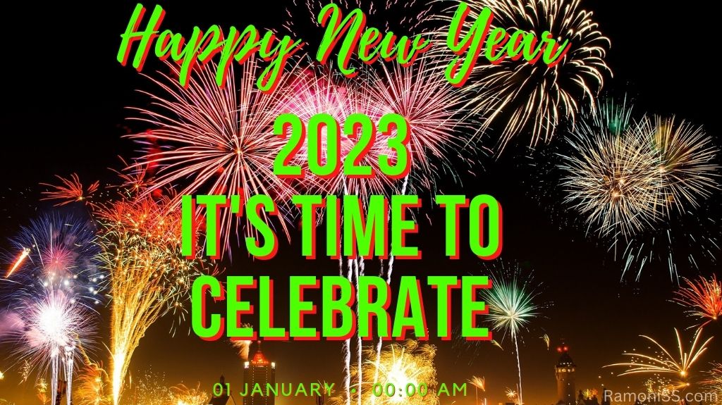 Happy new year 2023 on bright colorful fireworks background in the city sky using green font.