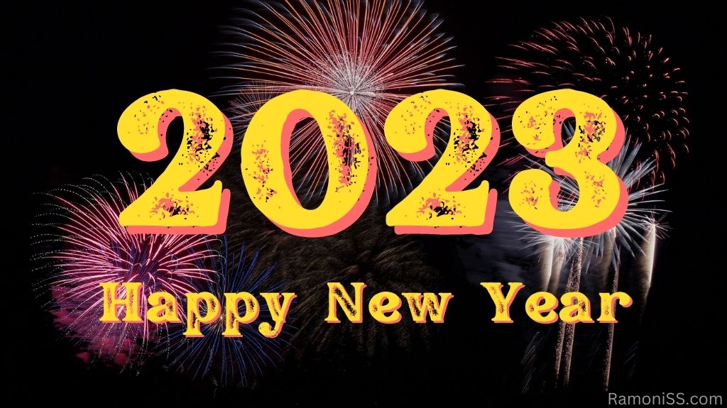 Happy new year 2023 on bright colorful fireworks black background in the sky using yellow color font.