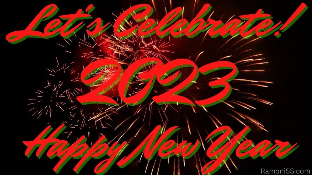 Happy new year 2023 on red and white bright colorful fireworks in the sky using red color font