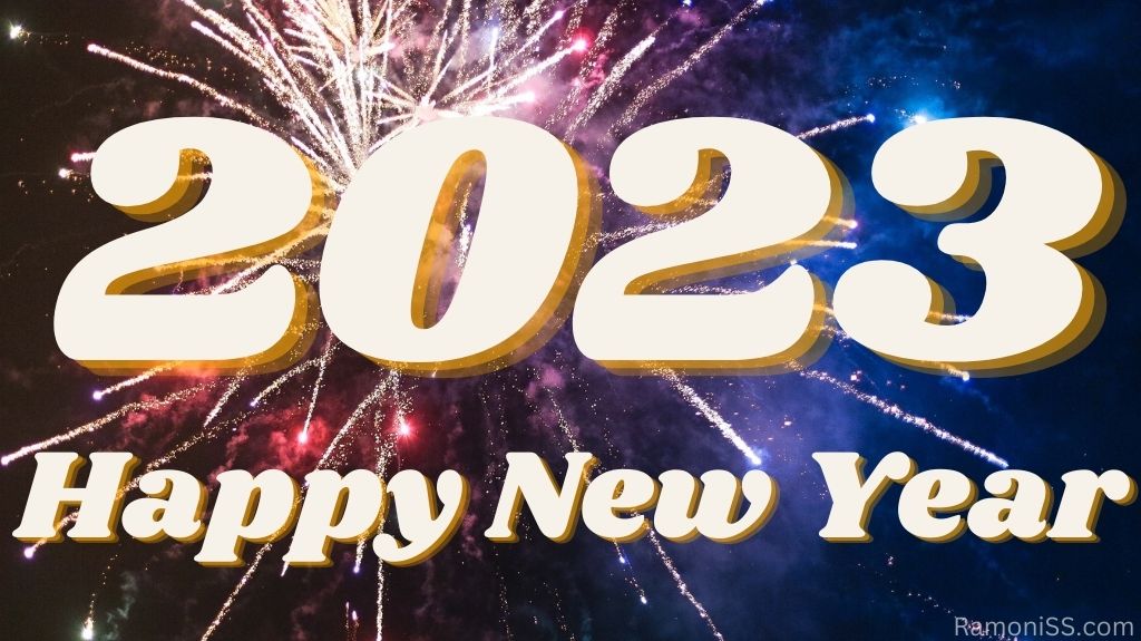 Happy new year 2023 on white bright colorful fireworks in the sky using white color font.