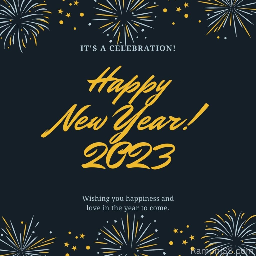 Happy new year 2023 using yellow font, on dark blue and colorful stylish background.