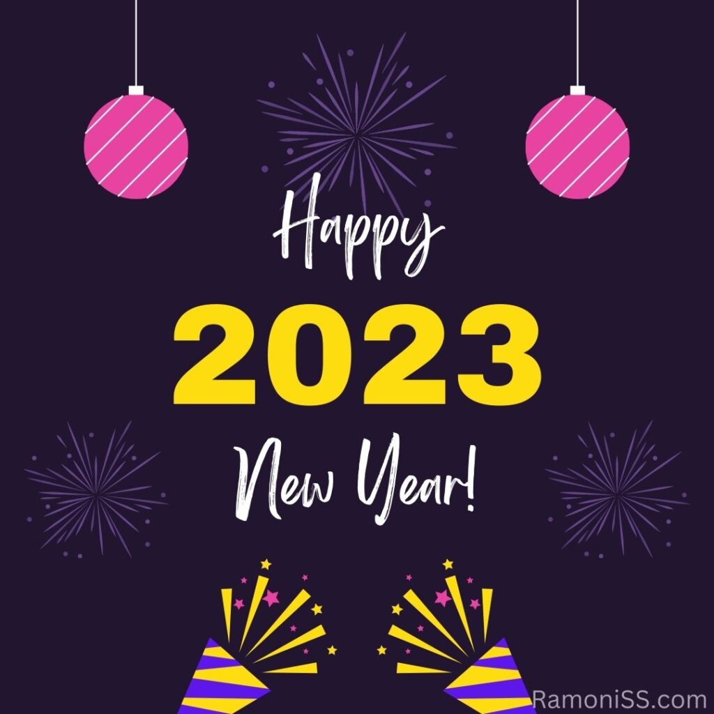 Happy new year 2023 using yellow and white font and card on purple and colorful fireworks background.