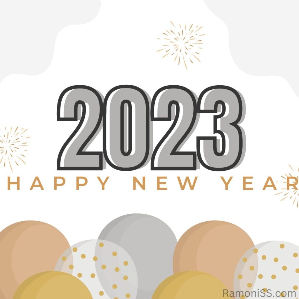Happy new year 2023 wishes card using gray and yellow font, on white and balloons decoration background.