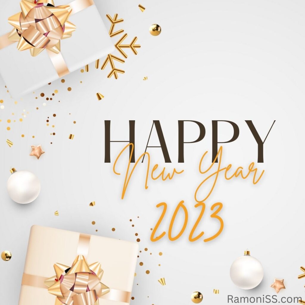 Happy new year 2023 wishes card using yellow and black font, on white and gift decorated background template.