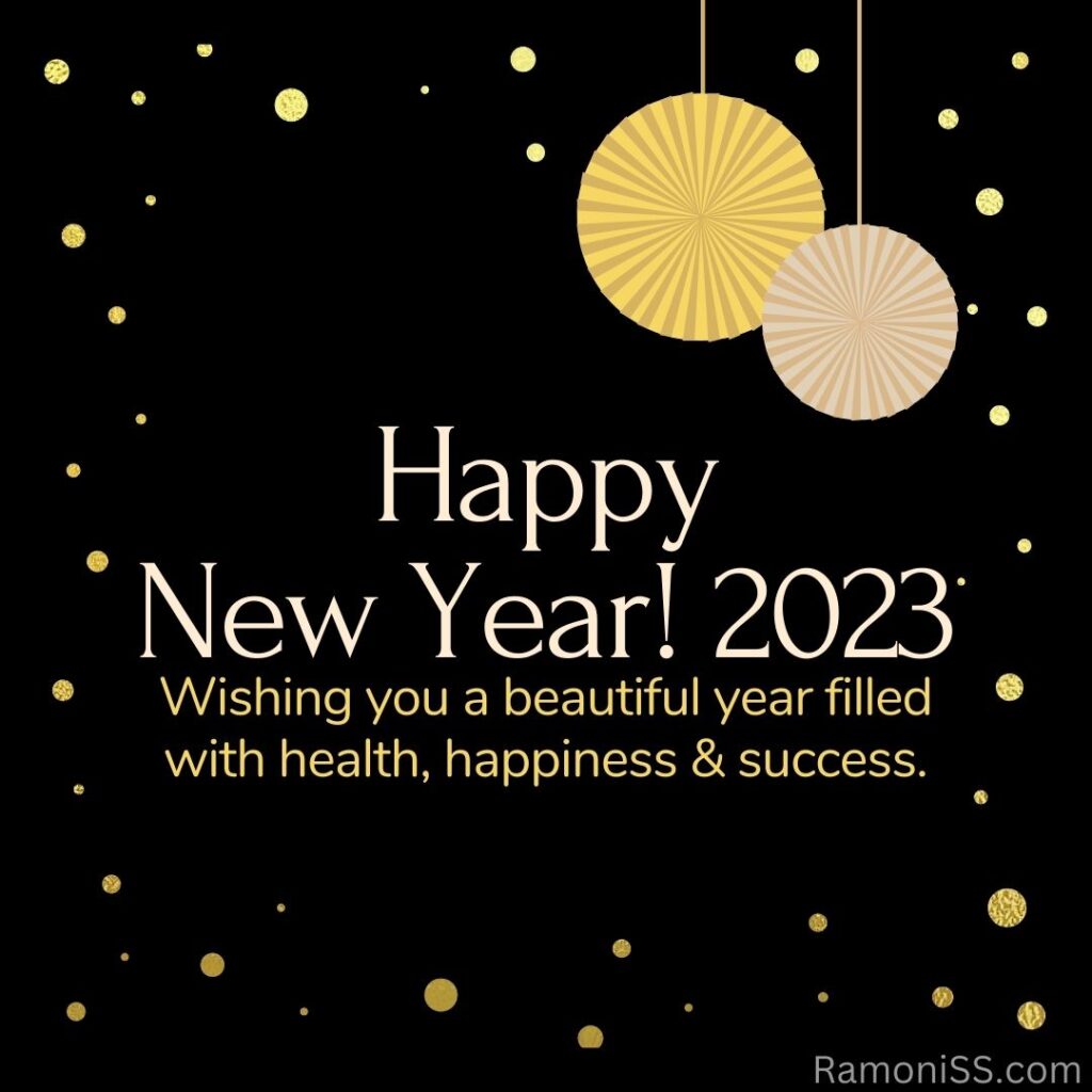 Happy new year 2023 wishes card using white and light yellow color font, on black and colorful background.