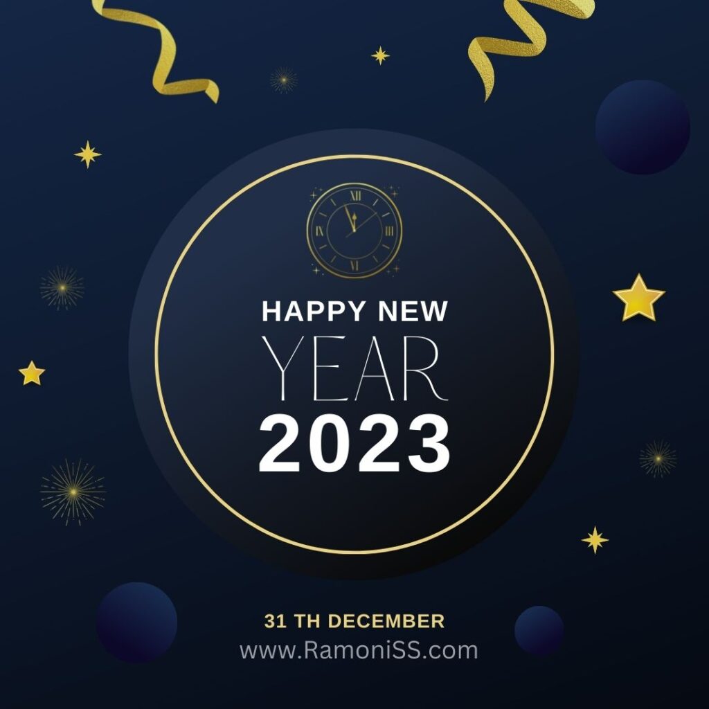 Happy new year 2023 wishes card using white color font and clock, on blue, yellow stars and fireworks background.