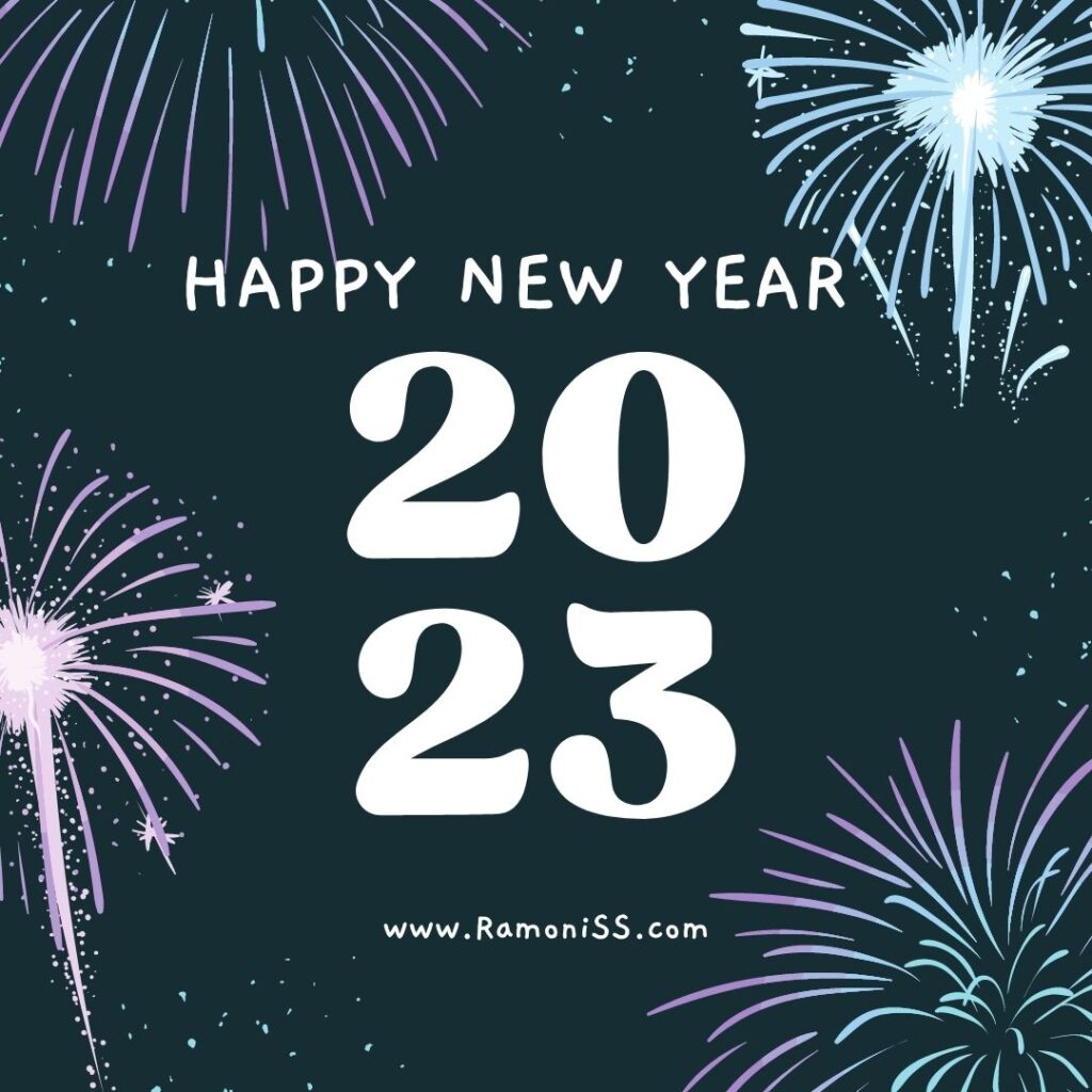 Happy new year 2023 wishes card using white color font, on colorful decorated fireworks background.
