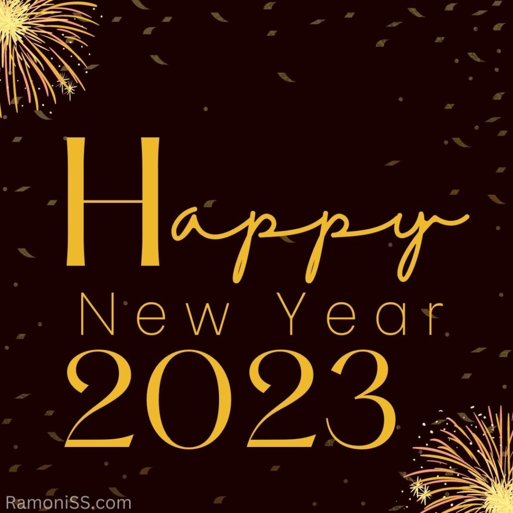 Happy new year 2023 wishes card using yellow color font and on colorful background.