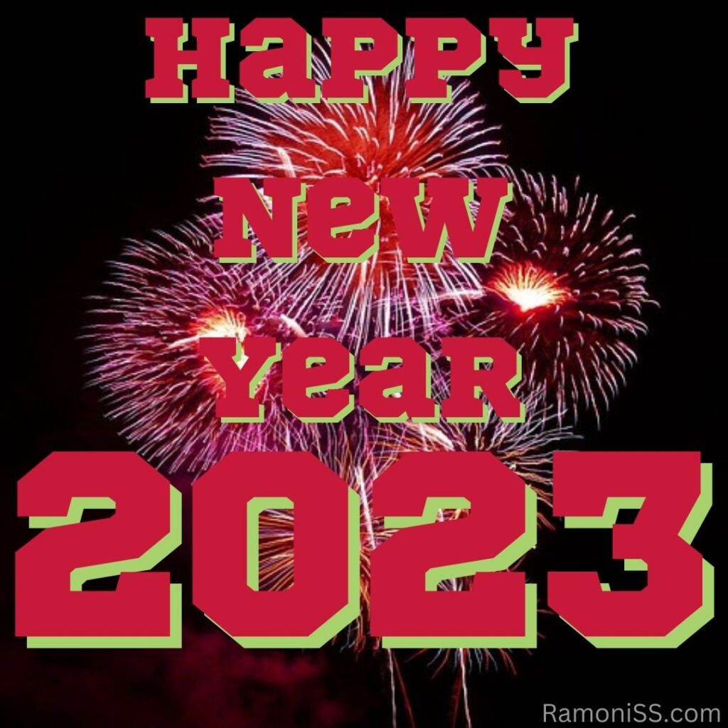 Happy new year 2023 with red font use on black and bright colorful fireworks background.