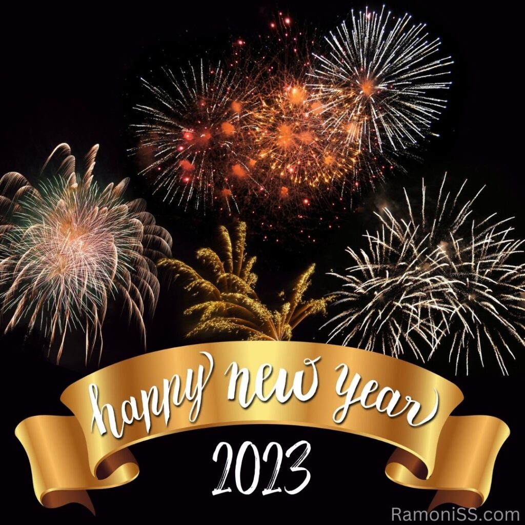 Happy new year 2023 with using white font on the yellow ribbon, bright colorful fireworks on black background.
