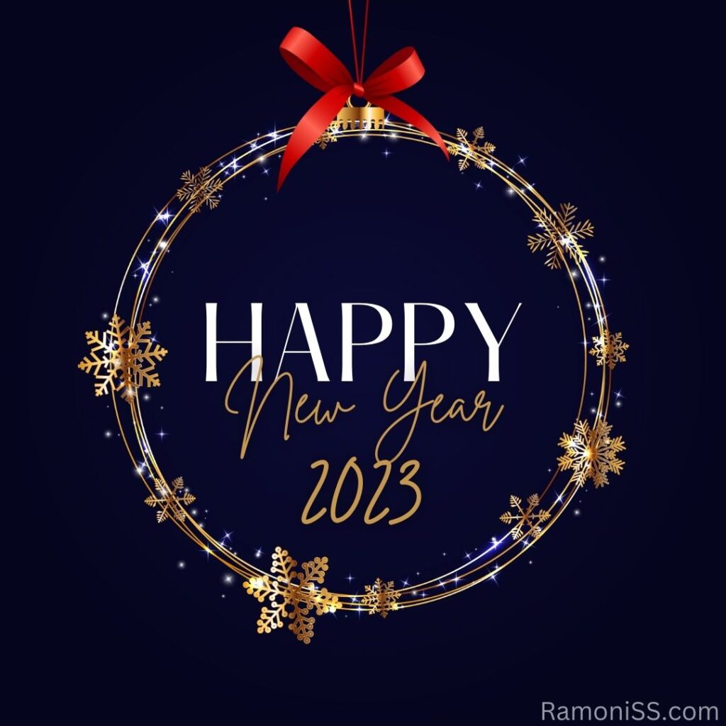 Happy new year 2023 with white and yellow font, and ribbon, use on dark blue background