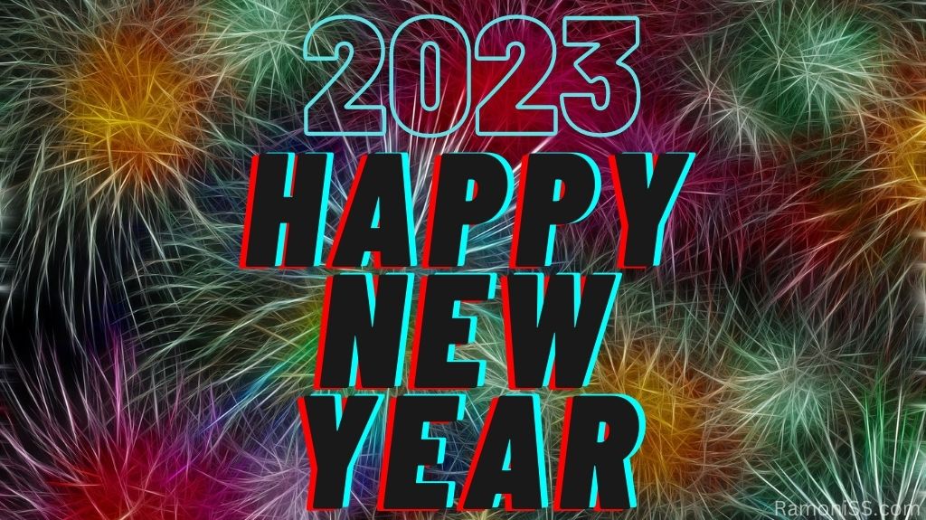 Happy new year 2023 with colorful cotton fluff background.
