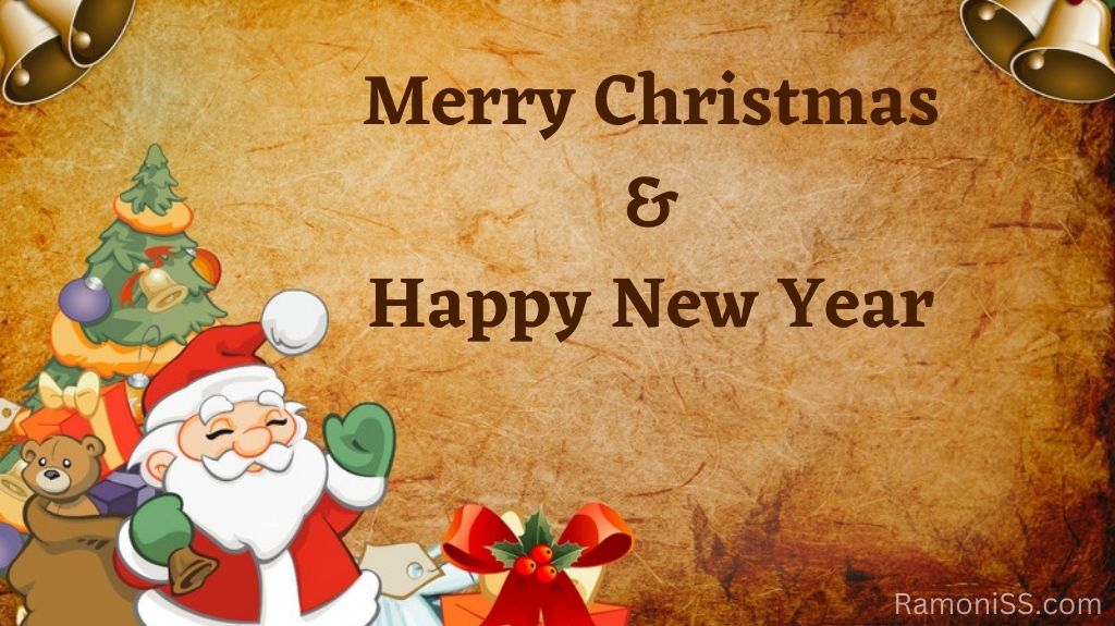 There is a christmas tree, santa claus and a bear on a beautiful yellow background, the christmas tree is decorated with christmas balls and bells, and the bear has a gift in his hand. The text "merry christmas & happy new year" has been written using a stylish font in maroon colour.