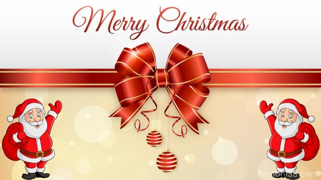 The christmas card has been made using white and yellow color with merry christmas written in red colored stylish fonts. The ribbon is tied at the top of the card and two christmas balls hang from the ribbon. The christmas card has a photo of santa claus on both sides.