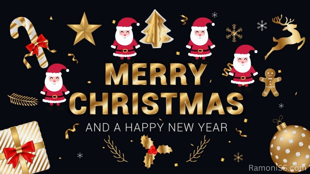 Star, christmas tree, santa claus, candy, christmas tree leaves and gifts on black background. Merry christmas is written in yellow stylish font in the photo.