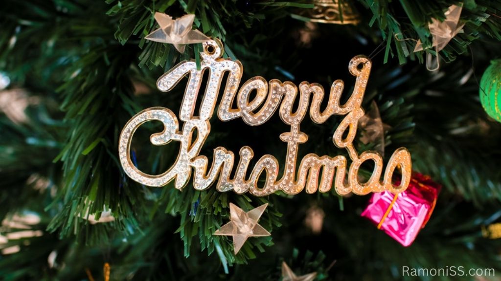 A plastic merry christmas sign is hung on the christmas tree and the christmas tree is decorated with stars and gifts.