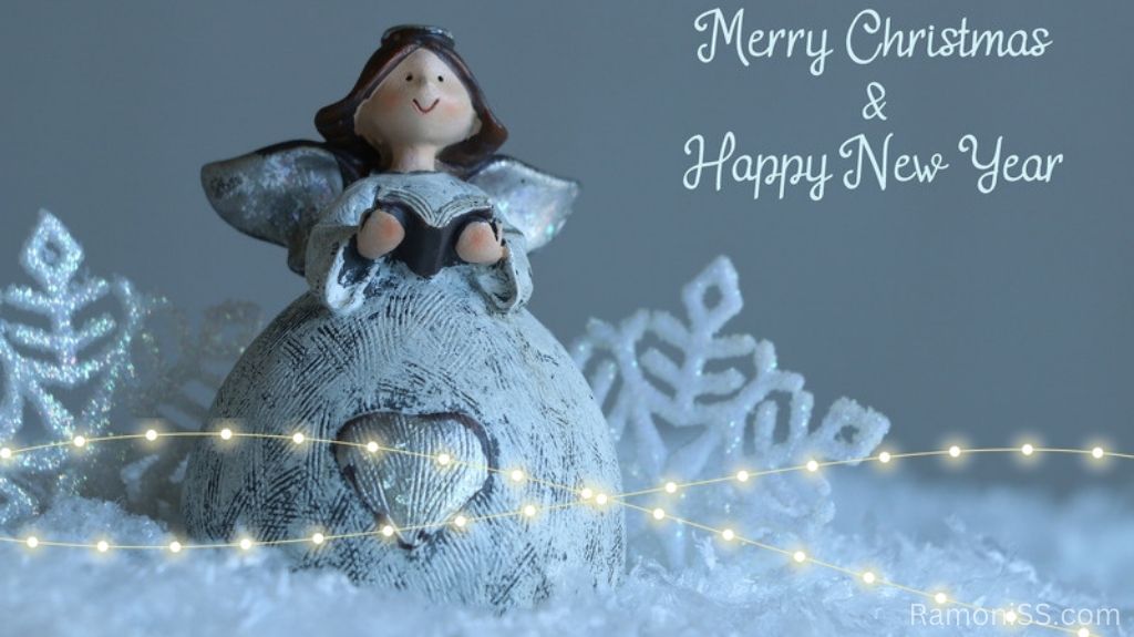A beautiful doll is on the foam placed in front of a gray background, and "merry christmas and happy new year" is written using stylish white fonts on the right side of the photo.
