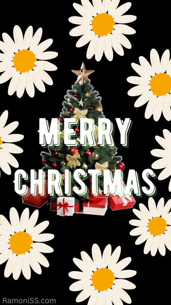 In the image uses a black background, also shows a christmas tree decorated with christmas balls, stars, ribbons and gifts. There are sunflower flowers all around in the photo.