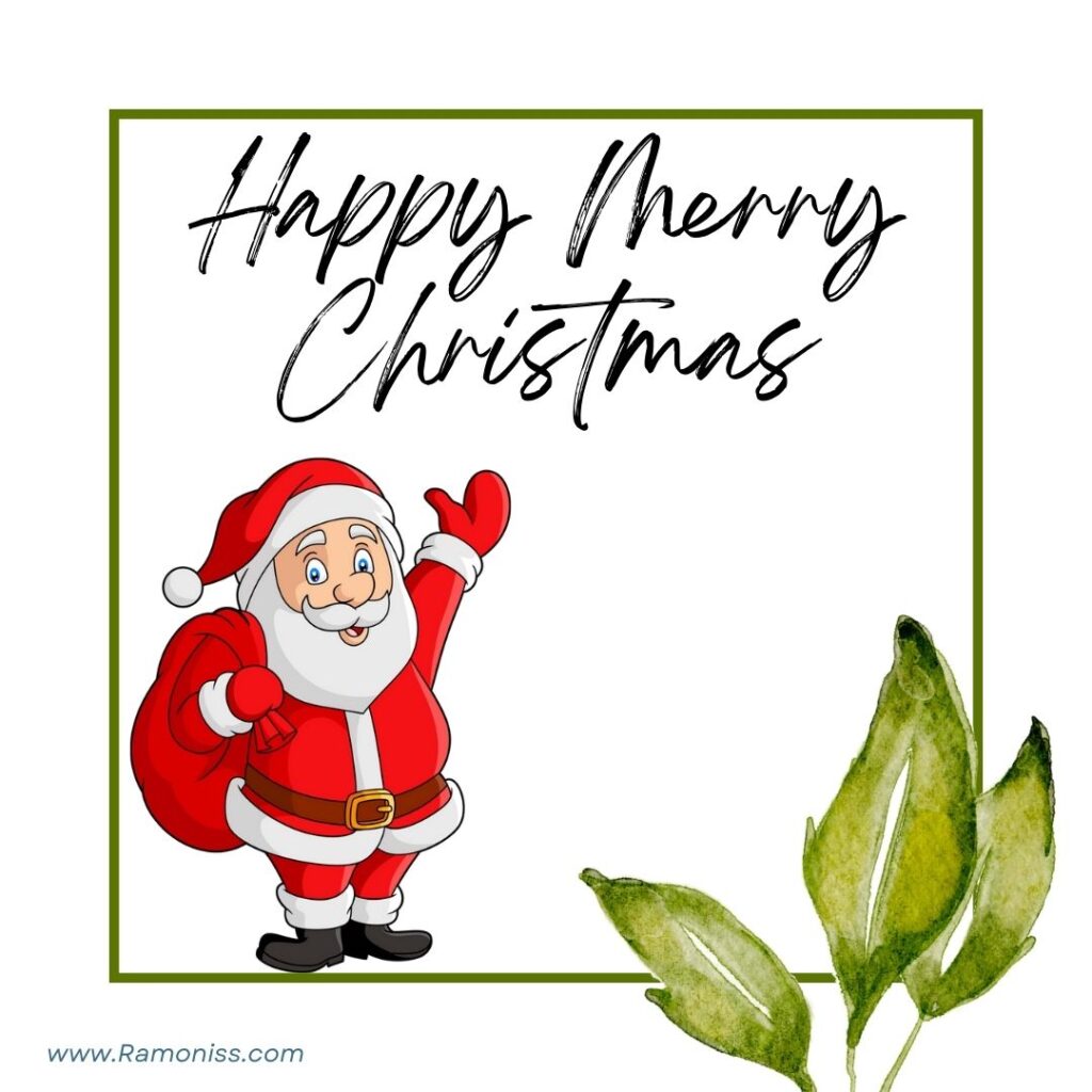 The photo uses a white background, and happy merry christmas is written in black stylish fonts. And the photo also has santa claus, who is wearing a red dress, with 3 green leaves on the right side of the photo.