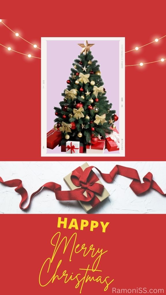 Happy merry christmas is written using yellow font on a red background and a picture of a christmas tree, a christmas tree decorated with gifts, mini toys, stars and ribbons, and the image shows more of a gift is also used tied with a red ribbon