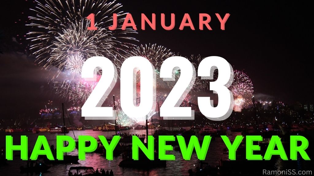 Residents celebrating happy new year 2023 in the city, a river many boats and a bridge over the river, and colorful fireworks in the city using indian colors font.